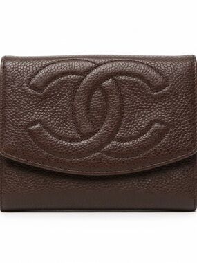 CHANEL Brown Quilted Caviar Leather Compact Wallet with CC Logo